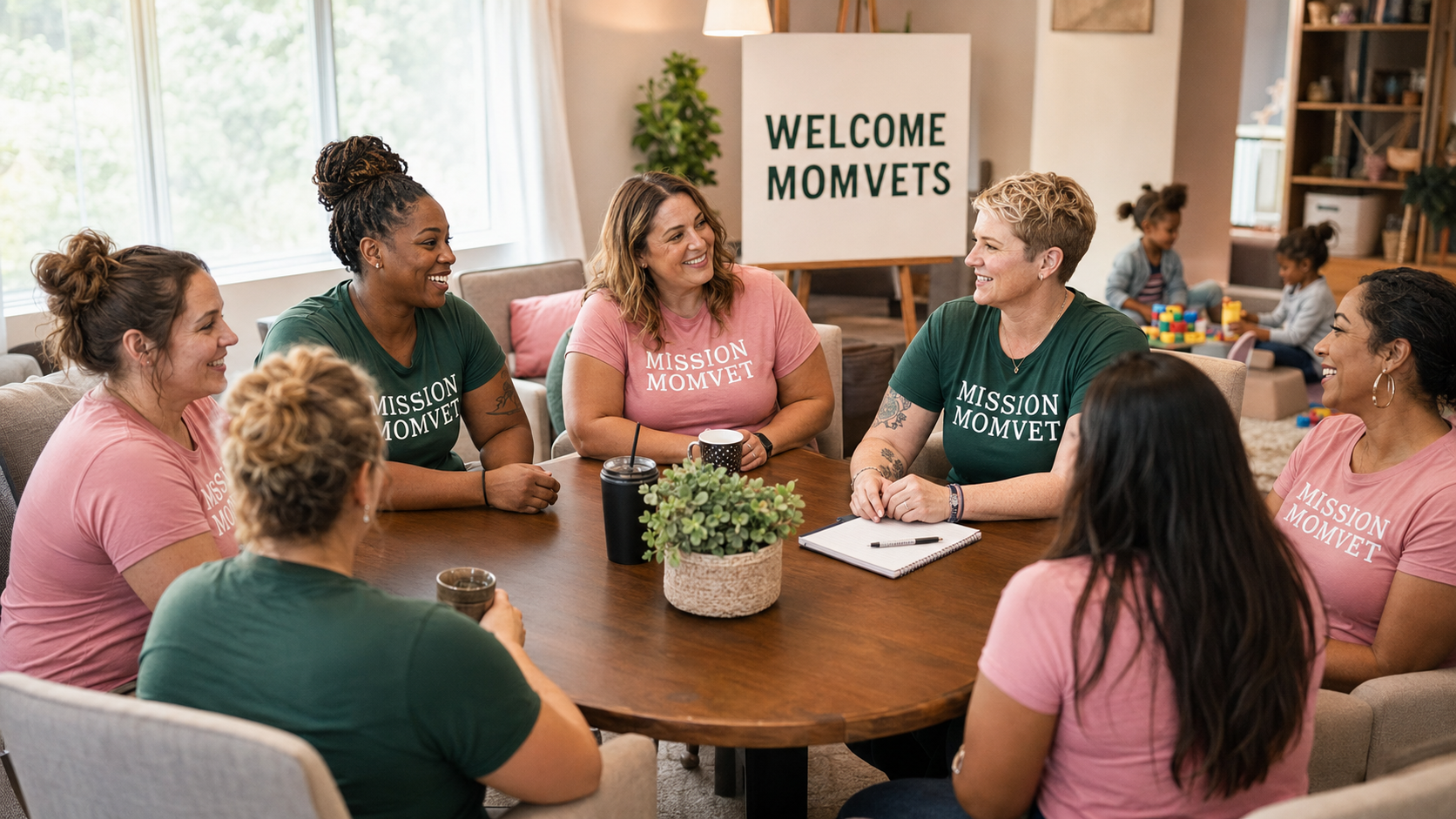 Mothers in Mission MomVet™ shirts connecting around a table while children play nearby