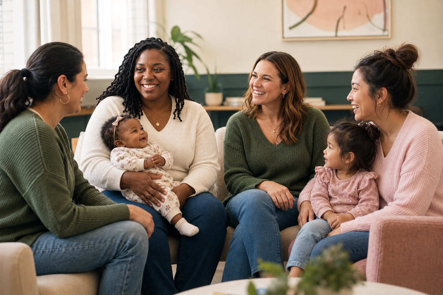 A diverse group of mothers sharing conversation with an infant and toddler in a welcoming peer support space