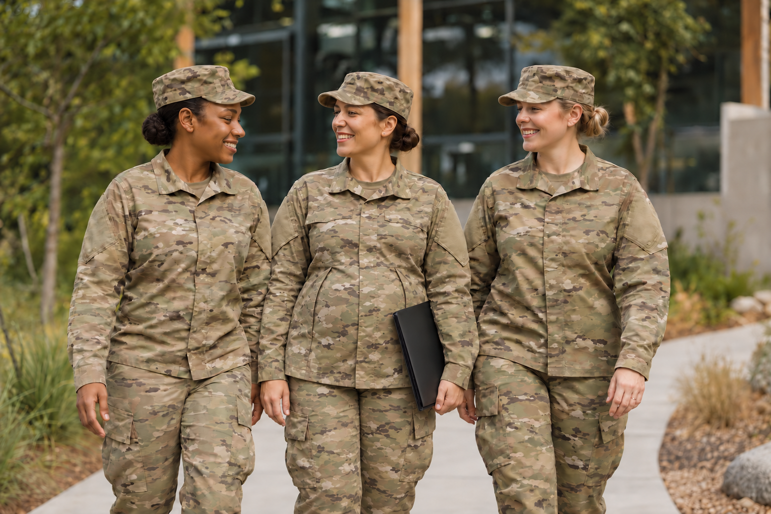 Three women in camouflage uniforms and patrol caps walking outdoors, including a pregnant woman holding a black folder